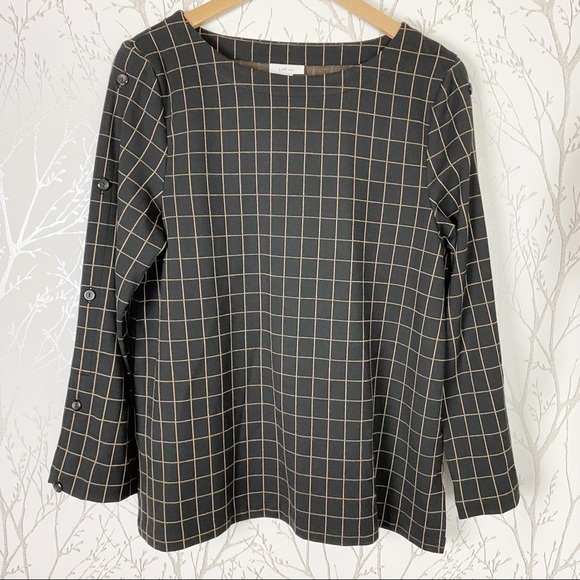 J. JILL Ponte Knit Black Tan Windowpane Grid Boat Neck Tunic Top Medium - Picture 12 of 12